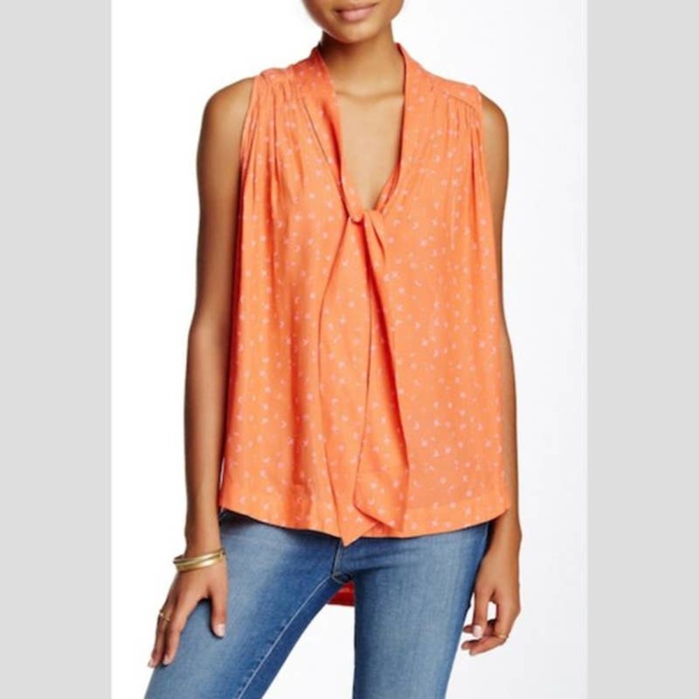Free People Sleeveless Blouse Coral Tie Front Neck OB499336 Women's Medium